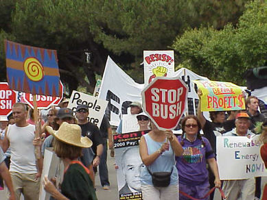 The Traitors play live on a flatbed truck, through a solar powered PA, in an anti-fraudulent energy crisis, anti-Bush demonstration, Long Beach CA, July 4, 2001 - CLICK FOR NEXT IMAGE