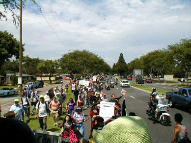 The Traitors play live on a flatbed truck, through a solar powered PA, in an anti-fraudulent energy crisis, anti-Bush demonstration, Long Beach CA, July 4, 2001 - CLICK FOR NEXT IMAGE